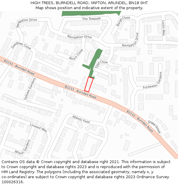 HIGH TREES, BURNDELL ROAD, YAPTON, ARUNDEL, BN18 0HT: Location map and indicative extent of plot