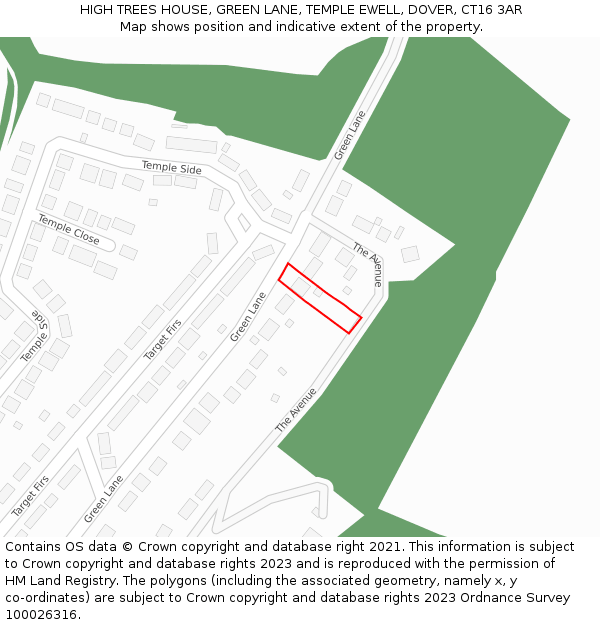 HIGH TREES HOUSE, GREEN LANE, TEMPLE EWELL, DOVER, CT16 3AR: Location map and indicative extent of plot