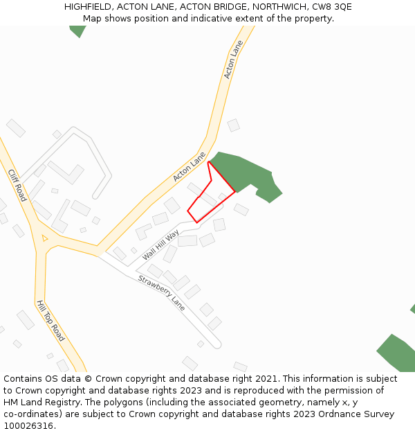 HIGHFIELD, ACTON LANE, ACTON BRIDGE, NORTHWICH, CW8 3QE: Location map and indicative extent of plot