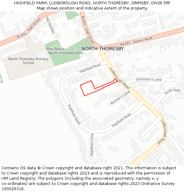 HIGHFIELD FARM, LUDBOROUGH ROAD, NORTH THORESBY, GRIMSBY, DN36 5RF: Location map and indicative extent of plot