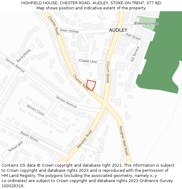 HIGHFIELD HOUSE, CHESTER ROAD, AUDLEY, STOKE-ON-TRENT, ST7 8JD: Location map and indicative extent of plot