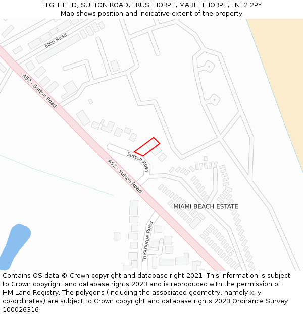 HIGHFIELD, SUTTON ROAD, TRUSTHORPE, MABLETHORPE, LN12 2PY: Location map and indicative extent of plot