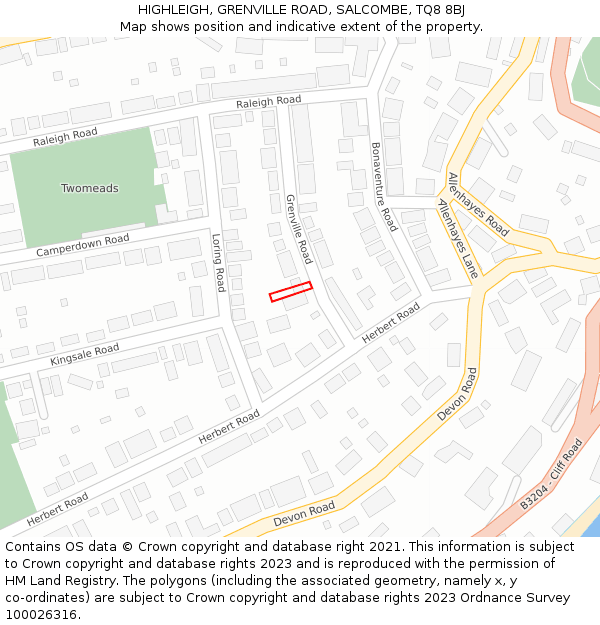 HIGHLEIGH, GRENVILLE ROAD, SALCOMBE, TQ8 8BJ: Location map and indicative extent of plot