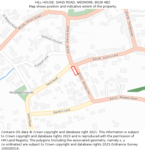 HILL HOUSE, SAND ROAD, WEDMORE, BS28 4BZ: Location map and indicative extent of plot