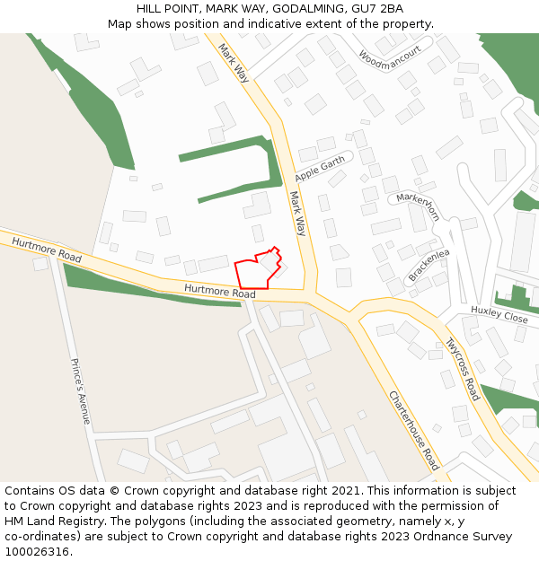 HILL POINT, MARK WAY, GODALMING, GU7 2BA: Location map and indicative extent of plot