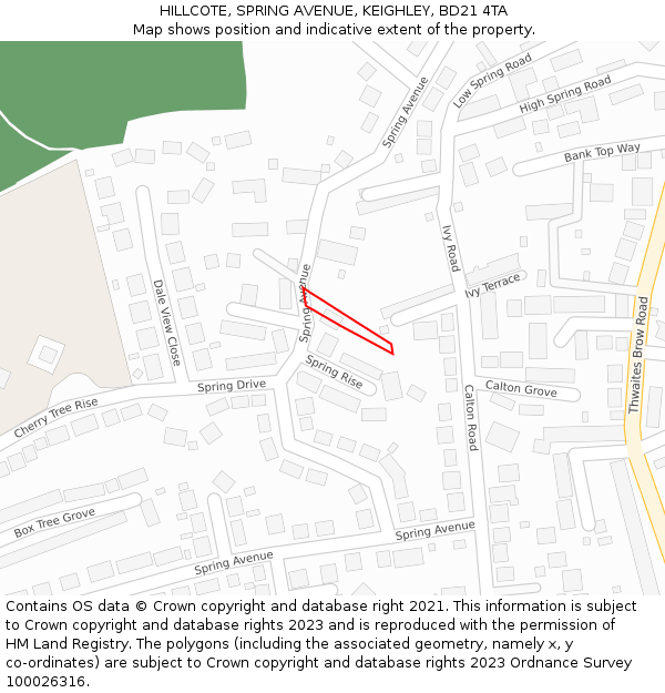 HILLCOTE, SPRING AVENUE, KEIGHLEY, BD21 4TA: Location map and indicative extent of plot