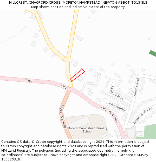 HILLCREST, CHAGFORD CROSS, MORETONHAMPSTEAD, NEWTON ABBOT, TQ13 8LS: Location map and indicative extent of plot