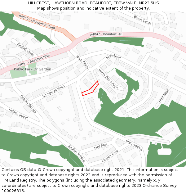 HILLCREST, HAWTHORN ROAD, BEAUFORT, EBBW VALE, NP23 5HS: Location map and indicative extent of plot