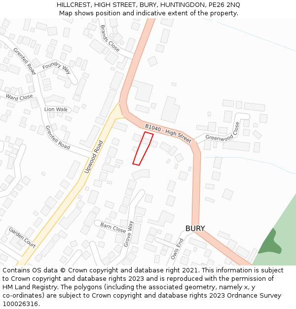 HILLCREST, HIGH STREET, BURY, HUNTINGDON, PE26 2NQ: Location map and indicative extent of plot