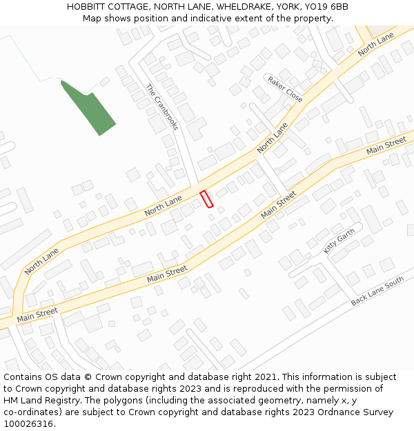 HOBBITT COTTAGE, NORTH LANE, WHELDRAKE, YORK, YO19 6BB: Location map and indicative extent of plot