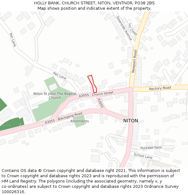 HOLLY BANK, CHURCH STREET, NITON, VENTNOR, PO38 2BS: Location map and indicative extent of plot