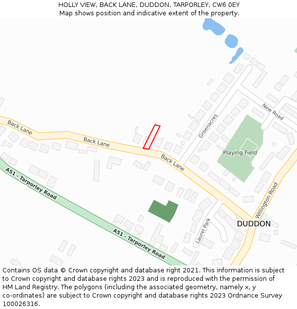 HOLLY VIEW, BACK LANE, DUDDON, TARPORLEY, CW6 0EY: Location map and indicative extent of plot