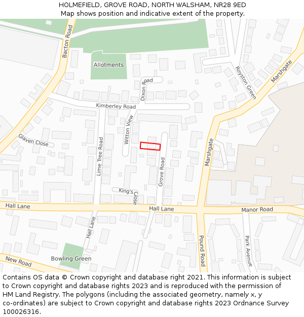 HOLMEFIELD, GROVE ROAD, NORTH WALSHAM, NR28 9ED: Location map and indicative extent of plot