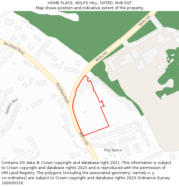 HOME PLACE, WOLFS HILL, OXTED, RH8 0QT: Location map and indicative extent of plot