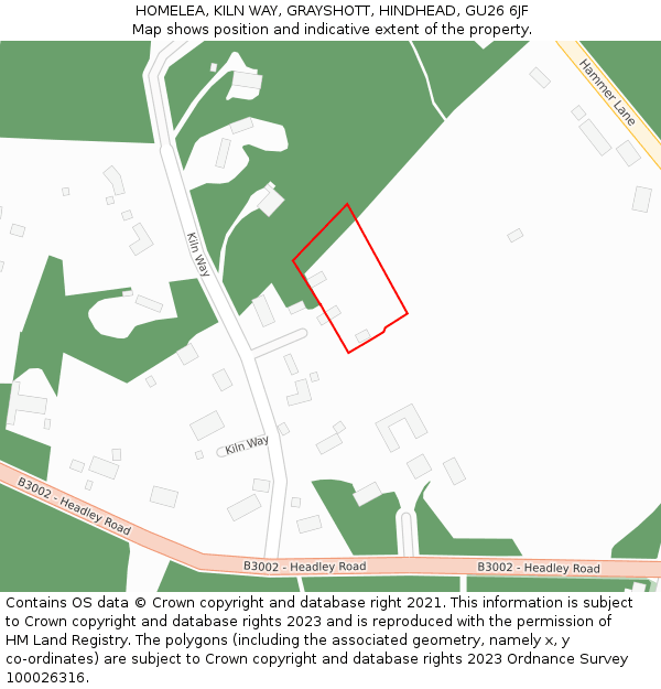 HOMELEA, KILN WAY, GRAYSHOTT, HINDHEAD, GU26 6JF: Location map and indicative extent of plot