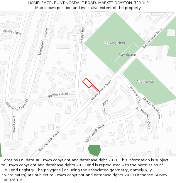 HOMELEAZE, BUNTINGSDALE ROAD, MARKET DRAYTON, TF9 1LP: Location map and indicative extent of plot