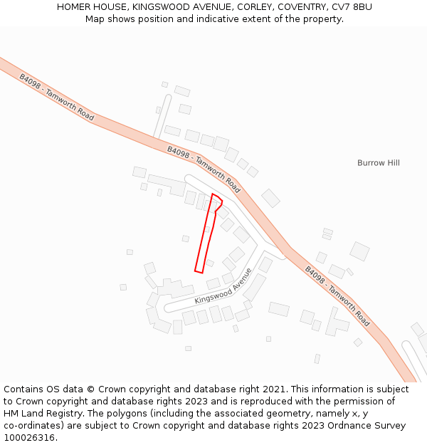 HOMER HOUSE, KINGSWOOD AVENUE, CORLEY, COVENTRY, CV7 8BU: Location map and indicative extent of plot