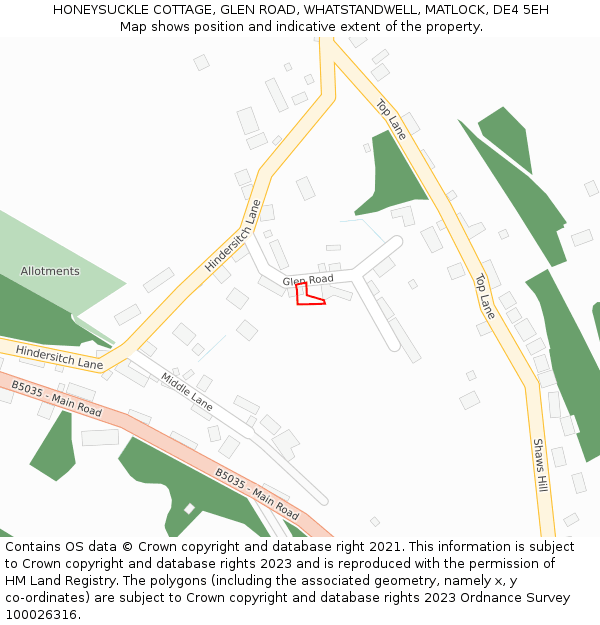 HONEYSUCKLE COTTAGE, GLEN ROAD, WHATSTANDWELL, MATLOCK, DE4 5EH: Location map and indicative extent of plot