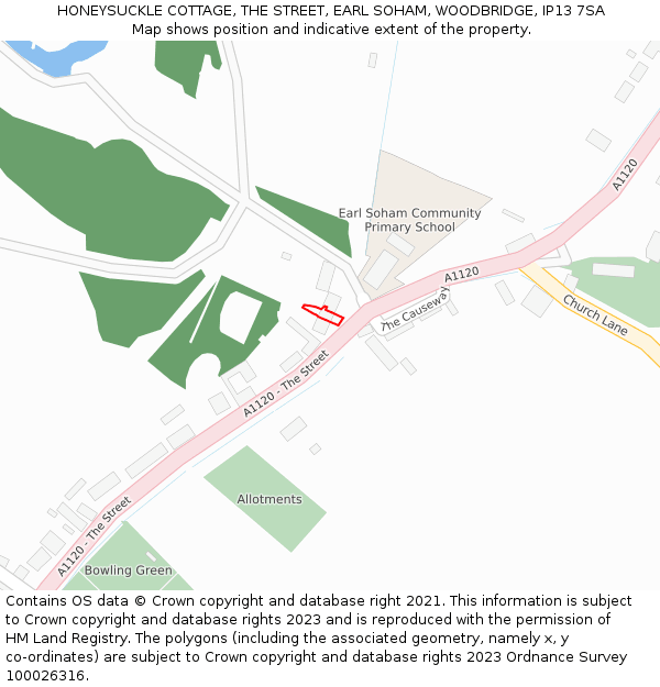 HONEYSUCKLE COTTAGE, THE STREET, EARL SOHAM, WOODBRIDGE, IP13 7SA: Location map and indicative extent of plot