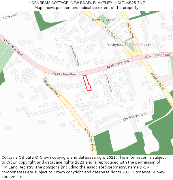 HORNBEAM COTTAGE, NEW ROAD, BLAKENEY, HOLT, NR25 7NZ: Location map and indicative extent of plot