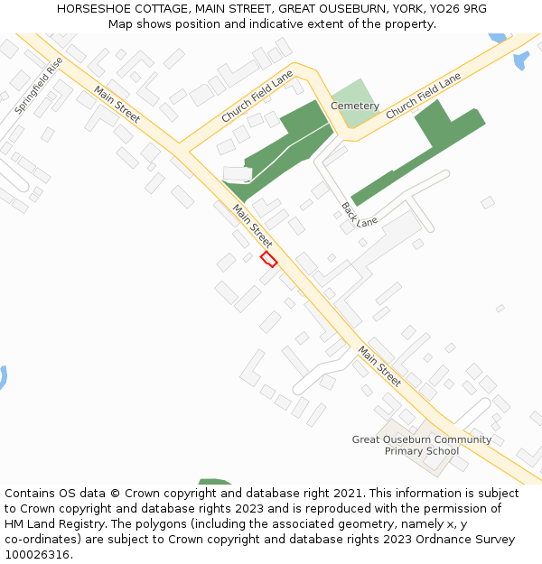 HORSESHOE COTTAGE, MAIN STREET, GREAT OUSEBURN, YORK, YO26 9RG: Location map and indicative extent of plot