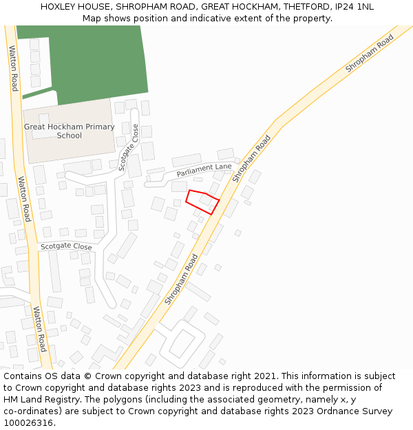 HOXLEY HOUSE, SHROPHAM ROAD, GREAT HOCKHAM, THETFORD, IP24 1NL: Location map and indicative extent of plot