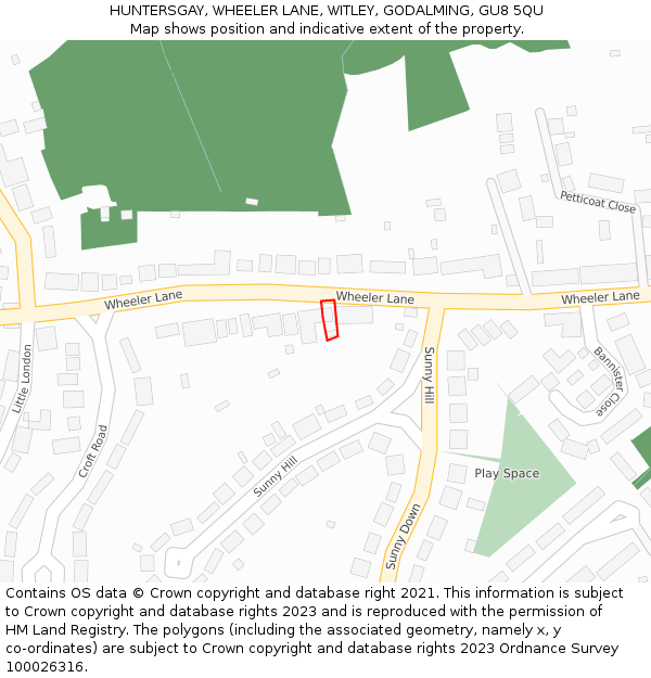 HUNTERSGAY, WHEELER LANE, WITLEY, GODALMING, GU8 5QU: Location map and indicative extent of plot