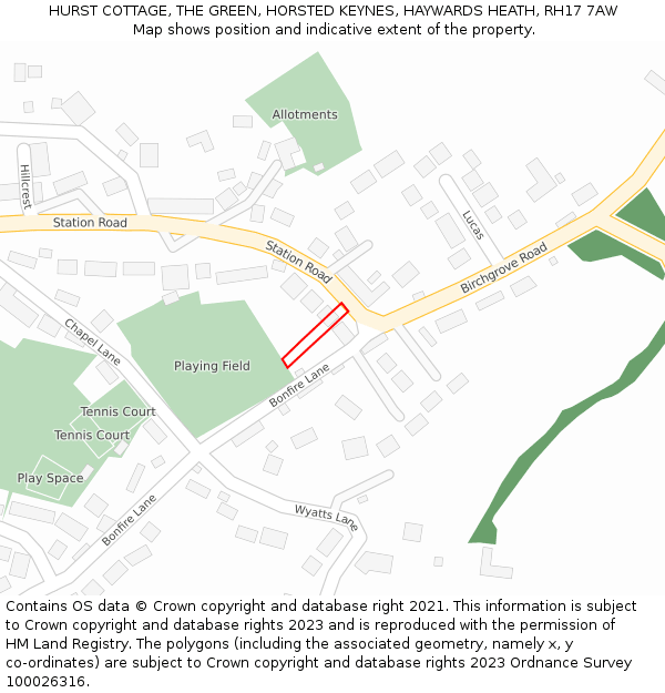 HURST COTTAGE, THE GREEN, HORSTED KEYNES, HAYWARDS HEATH, RH17 7AW: Location map and indicative extent of plot