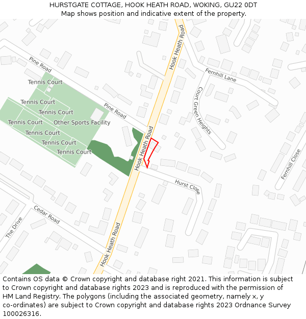 HURSTGATE COTTAGE, HOOK HEATH ROAD, WOKING, GU22 0DT: Location map and indicative extent of plot