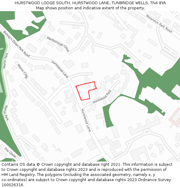 HURSTWOOD LODGE SOUTH, HURSTWOOD LANE, TUNBRIDGE WELLS, TN4 8YA: Location map and indicative extent of plot