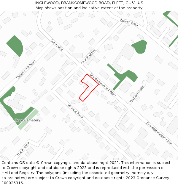 INGLEWOOD, BRANKSOMEWOOD ROAD, FLEET, GU51 4JS: Location map and indicative extent of plot