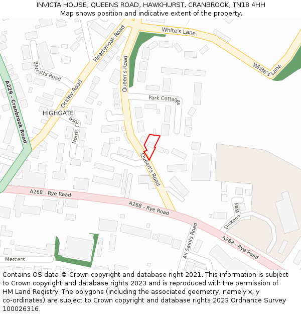 INVICTA HOUSE, QUEENS ROAD, HAWKHURST, CRANBROOK, TN18 4HH: Location map and indicative extent of plot