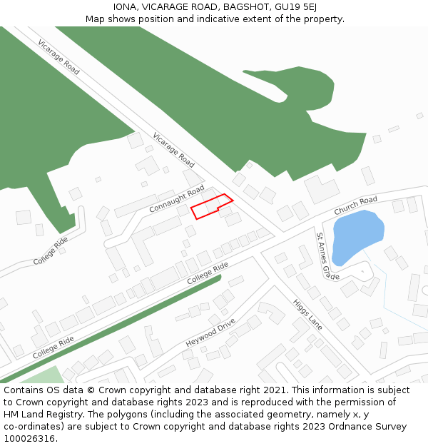 IONA, VICARAGE ROAD, BAGSHOT, GU19 5EJ: Location map and indicative extent of plot