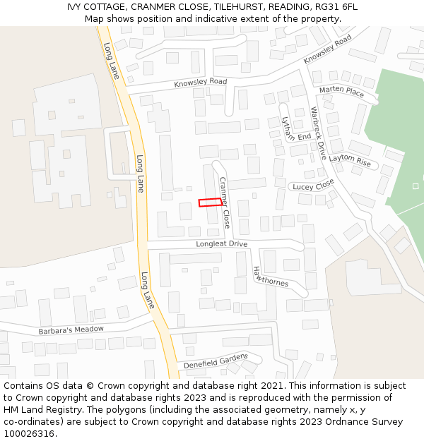 IVY COTTAGE, CRANMER CLOSE, TILEHURST, READING, RG31 6FL: Location map and indicative extent of plot