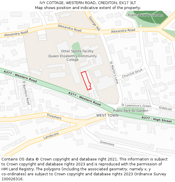 IVY COTTAGE, WESTERN ROAD, CREDITON, EX17 3LT: Location map and indicative extent of plot