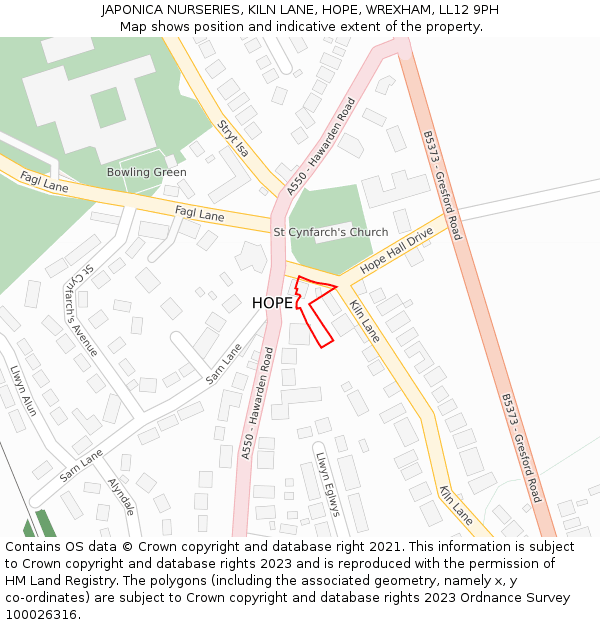 JAPONICA NURSERIES, KILN LANE, HOPE, WREXHAM, LL12 9PH: Location map and indicative extent of plot