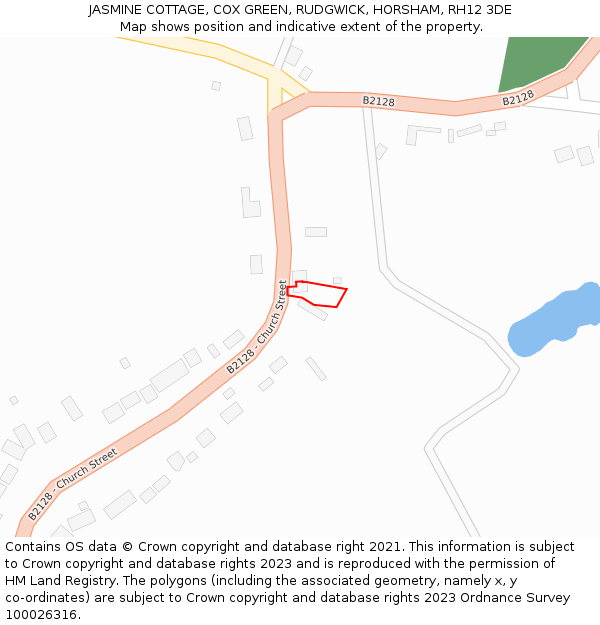 JASMINE COTTAGE, COX GREEN, RUDGWICK, HORSHAM, RH12 3DE: Location map and indicative extent of plot