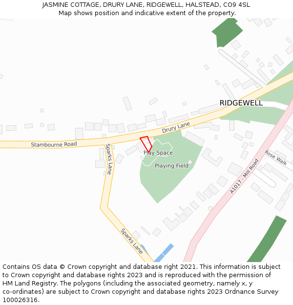 JASMINE COTTAGE, DRURY LANE, RIDGEWELL, HALSTEAD, CO9 4SL: Location map and indicative extent of plot