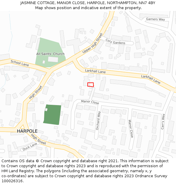JASMINE COTTAGE, MANOR CLOSE, HARPOLE, NORTHAMPTON, NN7 4BY: Location map and indicative extent of plot