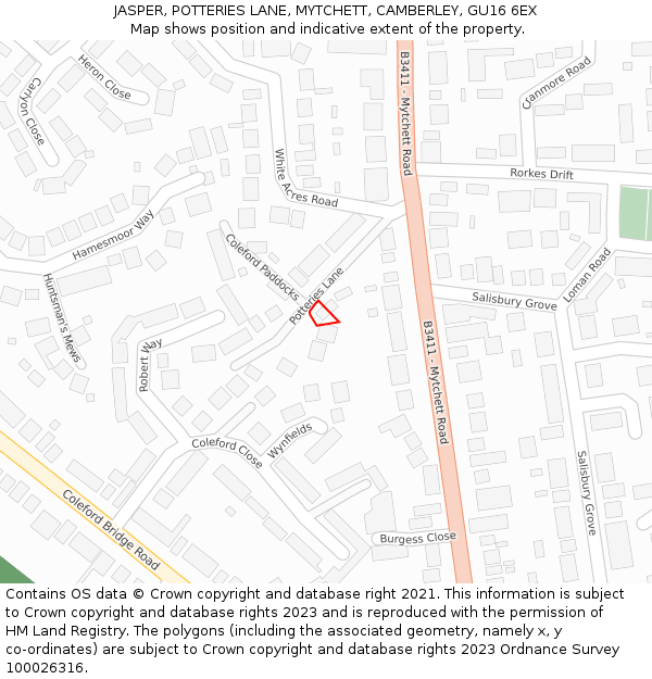 JASPER, POTTERIES LANE, MYTCHETT, CAMBERLEY, GU16 6EX: Location map and indicative extent of plot