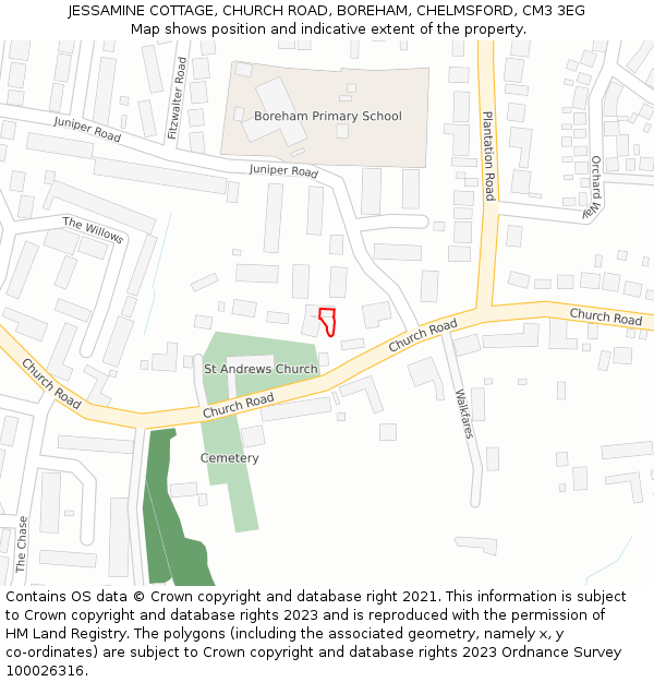 JESSAMINE COTTAGE, CHURCH ROAD, BOREHAM, CHELMSFORD, CM3 3EG: Location map and indicative extent of plot