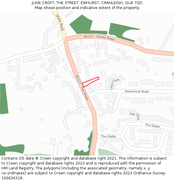 JUNE CROFT, THE STREET, EWHURST, CRANLEIGH, GU6 7QD: Location map and indicative extent of plot