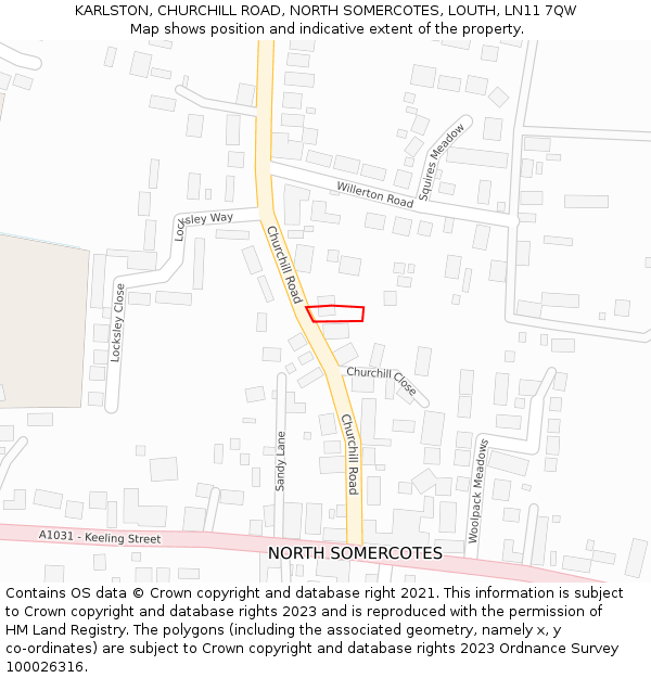 KARLSTON, CHURCHILL ROAD, NORTH SOMERCOTES, LOUTH, LN11 7QW: Location map and indicative extent of plot