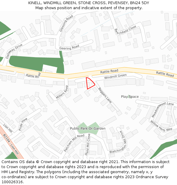 KINELL, WINDMILL GREEN, STONE CROSS, PEVENSEY, BN24 5DY: Location map and indicative extent of plot