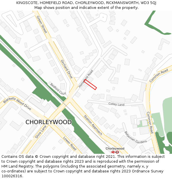 KINGSCOTE, HOMEFIELD ROAD, CHORLEYWOOD, RICKMANSWORTH, WD3 5QJ: Location map and indicative extent of plot