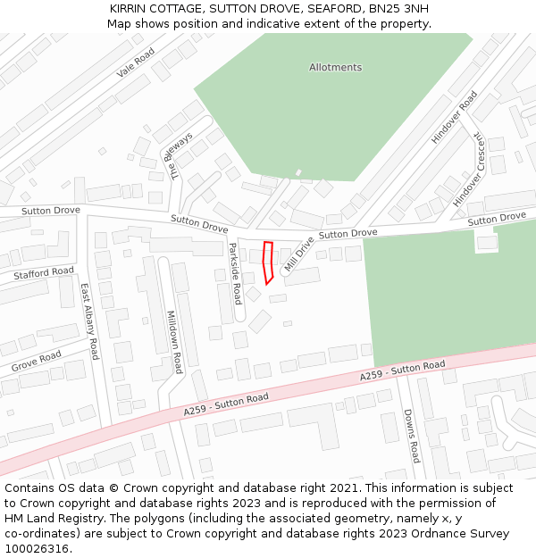 KIRRIN COTTAGE, SUTTON DROVE, SEAFORD, BN25 3NH: Location map and indicative extent of plot