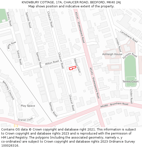 KNOWBURY COTTAGE, 17A, CHAUCER ROAD, BEDFORD, MK40 2AJ: Location map and indicative extent of plot