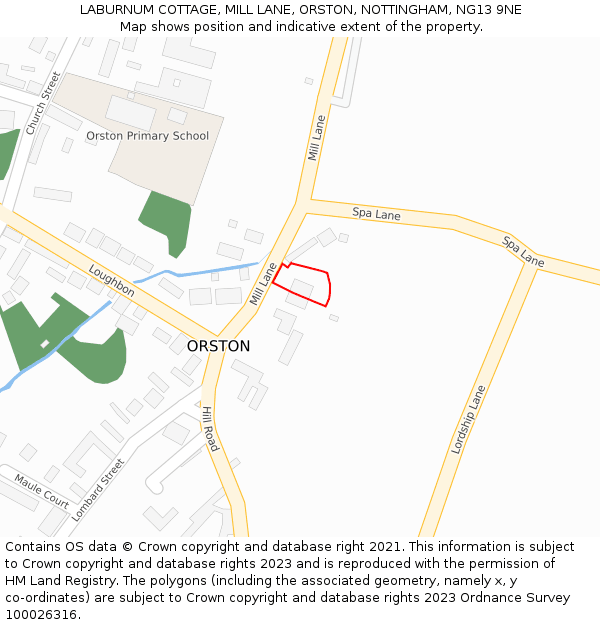 LABURNUM COTTAGE, MILL LANE, ORSTON, NOTTINGHAM, NG13 9NE: Location map and indicative extent of plot