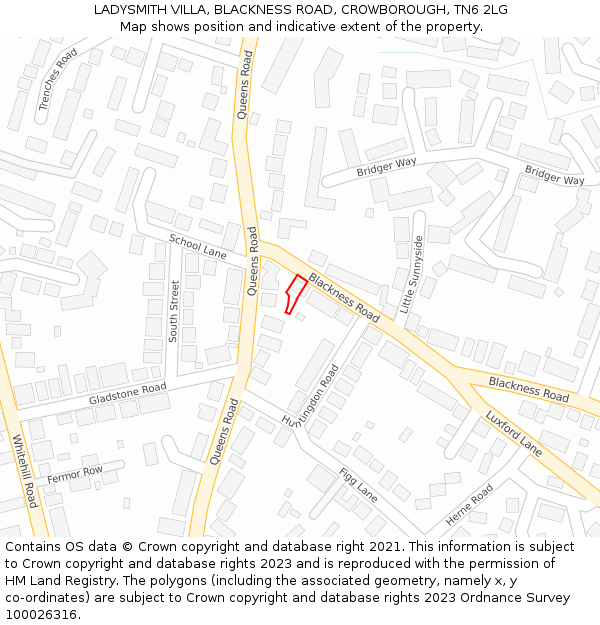 LADYSMITH VILLA, BLACKNESS ROAD, CROWBOROUGH, TN6 2LG: Location map and indicative extent of plot