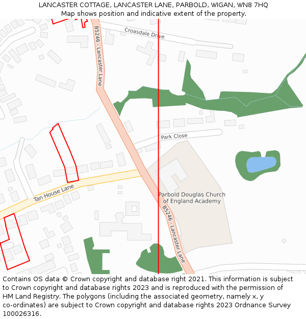 LANCASTER COTTAGE, LANCASTER LANE, PARBOLD, WIGAN, WN8 7HQ: Location map and indicative extent of plot